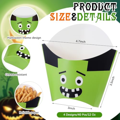 Halloween French Fries Holder Set - 40 Pcs Spooky Snack Cups with Monster, Vampire, Pumpkin & Spider Web Designs