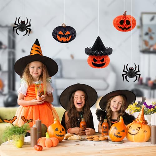 5 Pack Halloween Hanging Decorations - 3D Paper Spider & Pumpkin Set with Stickers