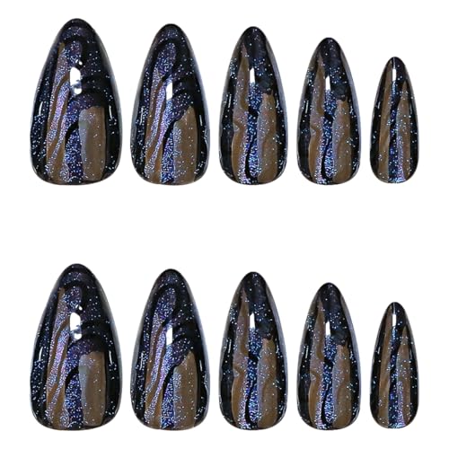 Black Press on Nails Medium Almond with Starry Sky Glitter - Style-4