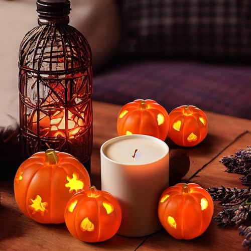 Lighted Pumpkin Decor Set - Orange Halloween Fall Lanterns for Autumn Table Centerpiece - 5 Pack