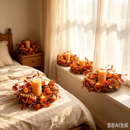 Mini Fall Pumpkin Candle Ring Wreaths - 4 Pcs Autumn Eucalyptus & Berries - Farmhouse Thanksgiving Decor