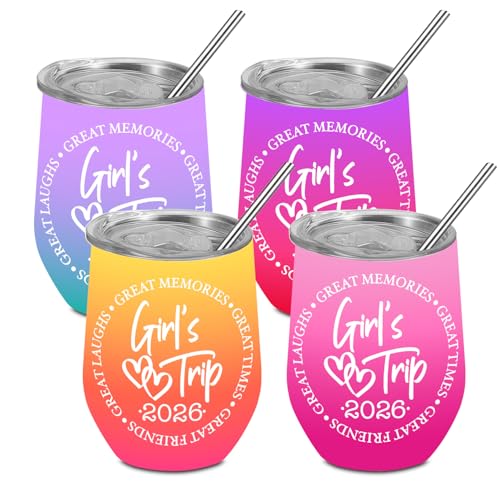 Gradient Girls Trip Wine Tumbler Set - 4 Pcs Insulated Travel Cups with Lid