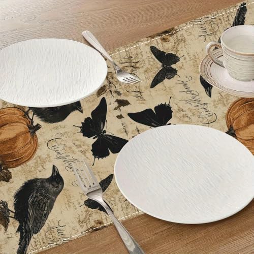 Halloween Retro Crow Pumpkin Table Runner - Style 05, 13x36 Inch Seasonal Kitchen Decor