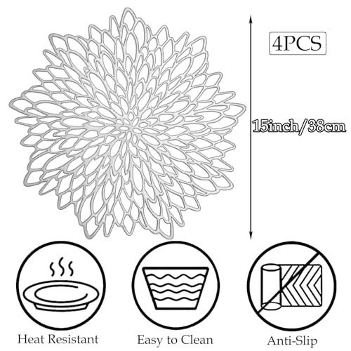 Silver Flower Placemats Set of 4 - Elegant Vinyl Table Mats for Dining & Events