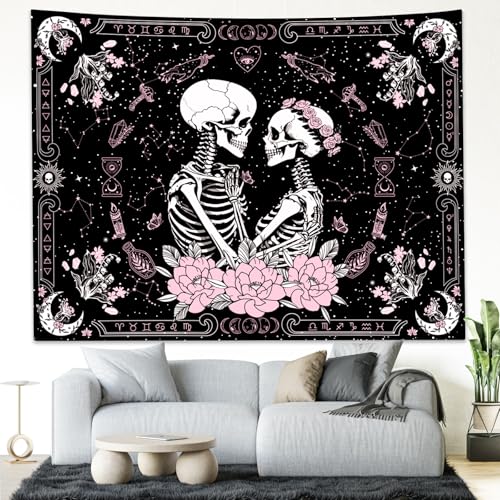 Pink & Black Gothic Skull Tapestry for Bedroom - Witchy Wall Decor 60 x 44 inches