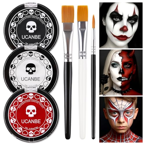 Face & Body Paint Kit with Brushes - White Black Red for Halloween Cosplay SFX Makeup - Variation: Black+White+Red