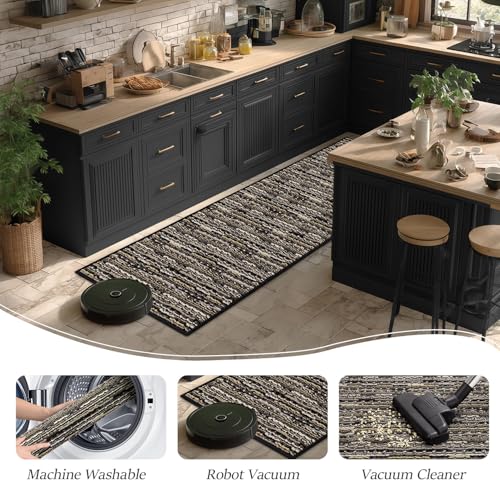 Kitchen Rug Set 2 Pieces Non Slip Floor Mats - Black, 20x47 & 20x32 Inches