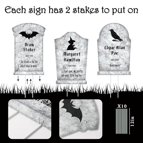 Grey Classic Haunted Tombstones Set - 4 Large Halloween Graveyard Yard Signs with Stakes