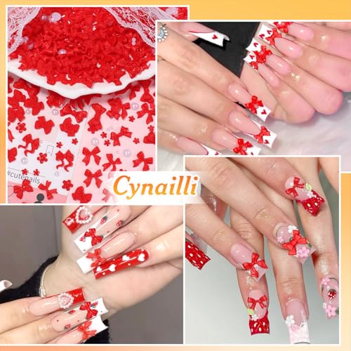 Red Bow Nail Charms Kit - 3D Bow Tie Flowers & Pearls for Acrylic Nails DIY