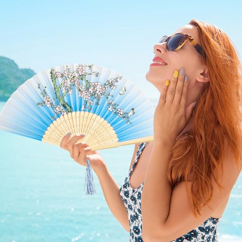 Japanese Folding Fans Set - 20 Hand Fans with Tassels & Floral Patterns - Fresh Style