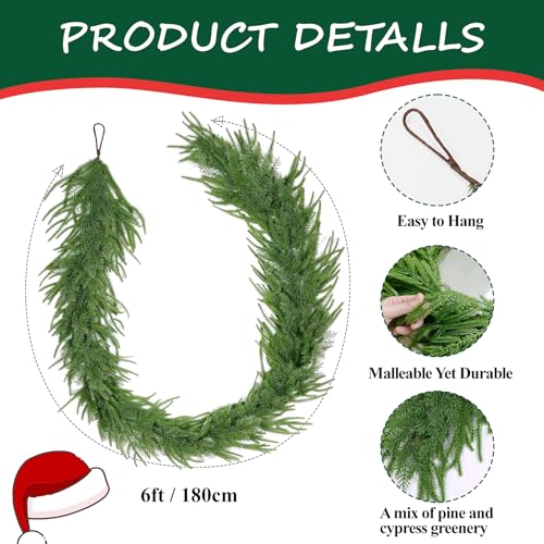 Artificial Norfolk Pine Garland with Warm LED Lights, 6 Pack Indoor Outdoor Decor