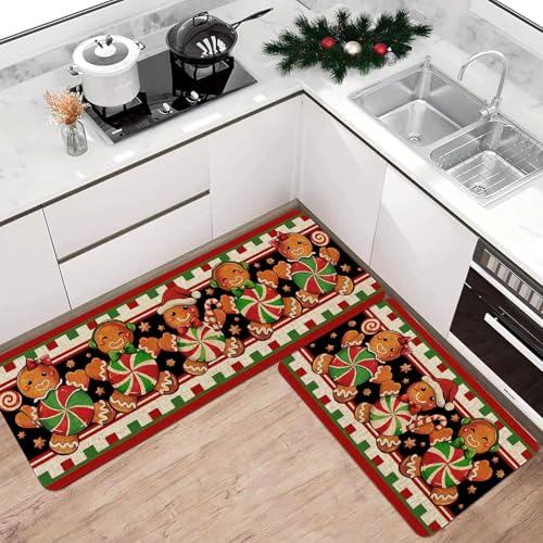 Gingerbread Christmas Kitchen Rugs Set - Floor Mat & Runner for Holiday Decor
