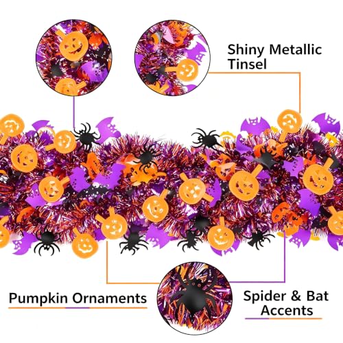 Halloween Tinsel Garland 6.5Ft 2-Pack Orange Purple Pumpkin Spider Bat Decor