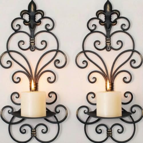 Antique Black Metal Wall Candle Sconce Holder Set of 2 for Living Room & Decor