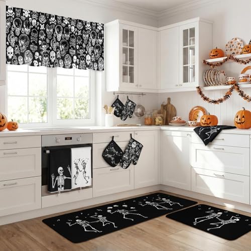 Halloween Skeleton Kitchen Decor Set - Black & Spooky Skeleton Towels Rugs