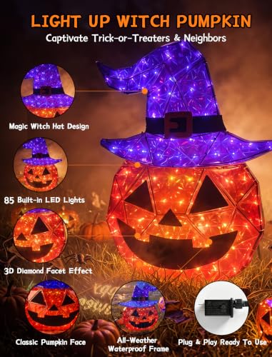 Outdoor Lighted Pumpkin Decorations with Witch Hat - 24 Inch Halloween Yard Decor