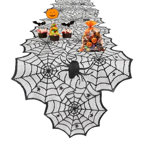 Halloween Table Runner Black Lace Spider Web 18x73 Inch Gothic Decor