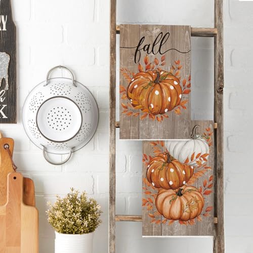 Wood Pumpkin Fall Kitchen Towels Set of 2 - Orange, 18x26 Inch