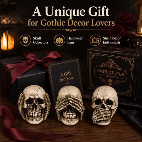 3-Piece Gothic Skull Statues Set - Hear See Speak No Evil Figurines