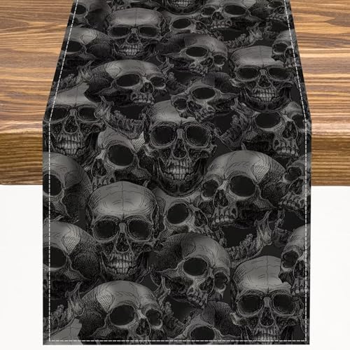 Halloween Skull Table Runner Black Gothic Skeleton for Dining Room - 13x60 in - Variation Skull-8