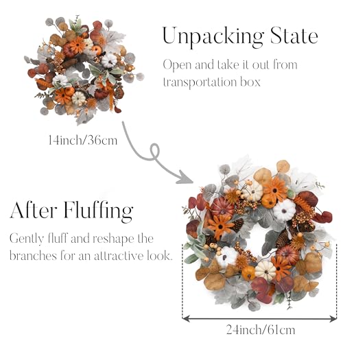 18-Inch Fall Halloween Wreath with Lights - White, Orange & Brown Door Decor