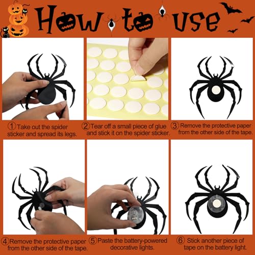 Halloween Wall Decor 3D LED Bats & Spiders Wall Stickers - 36 Pcs with Lights & Reusable Tape - Variation: 18 Bats + 18 Spiders