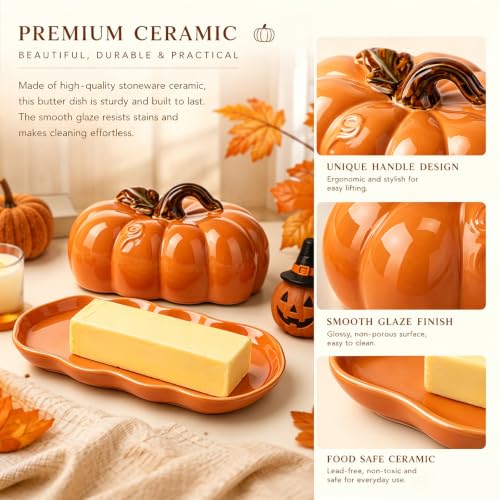 Orange Pumpkin-Shaped Ceramic Butter Dish with Lid - Fall Kitchen Decor
