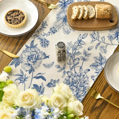 Blue 13x108 Inch Seasonal Peony Azalea Table Runner for Home & Dining