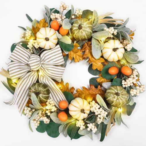 20-Inch Fall Wreath with Lights - Eucalyptus Pumpkins Autumn Decor