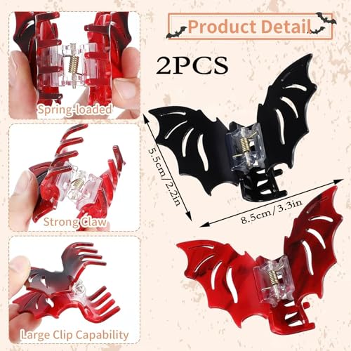 Halloween Bat Wing Hair Clips - Gothic Claw Style, Non-Slip, Strong Hold, 2 Pack