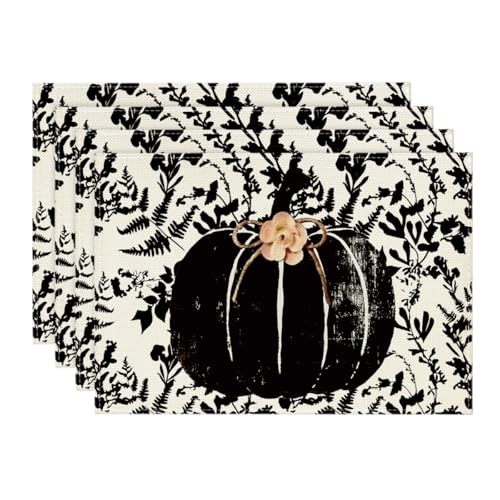Black Pumpkin Fall Placemats Set of 4 - 12 x 18 Inches Rectangular