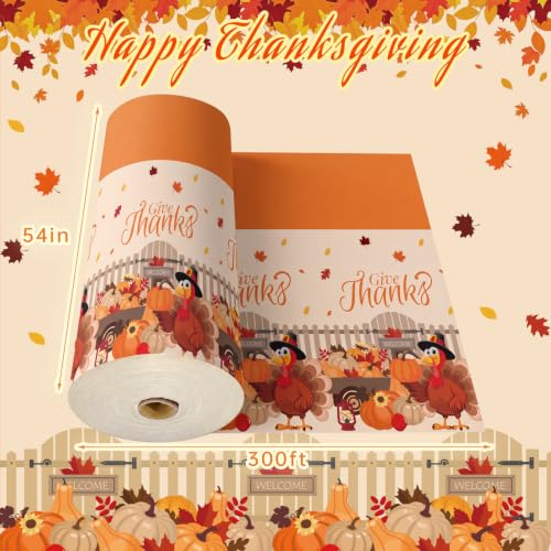 Thanksgiving Plastic Table Cover Roll - 54x300 Feet with Slide Cutter, Pumpkin & Turkey Design, Disposable Harvest Party Tablecloth