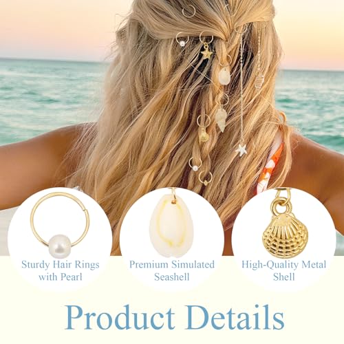 Gold Seashell Conch Starfish Hair Charm Ring Set for Braiding & Dreadlocks - Long Variation