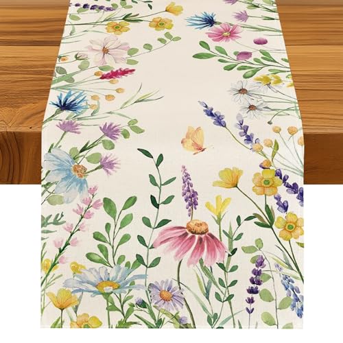 Lavender Daisy Spring Table Runner Beige 13x48 Inch for Dining & Parties
