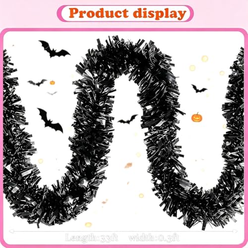 Black 33Ft Christmas Tinsel Garland Metallic Twist Decor for Indoor Outdoor Holiday