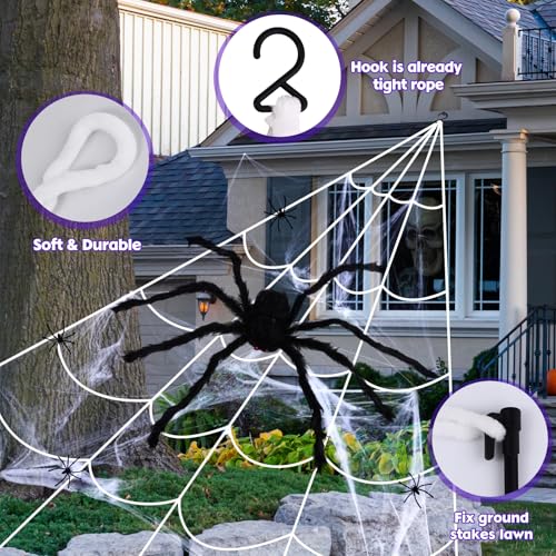 Outdoor Halloween Spider Web Lights Set - 135 LED Purple Lights & Giant Spider