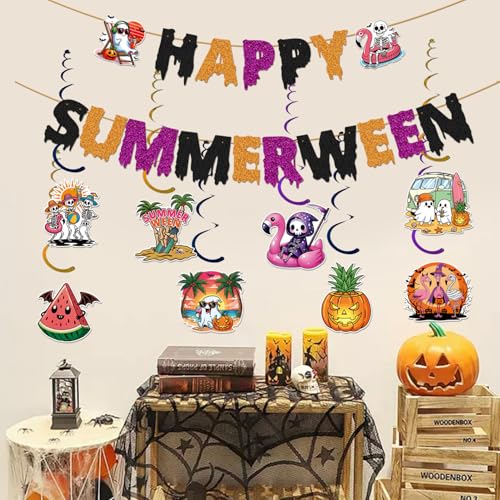 Summerween Party Banner & Decorations Set - Halloween in Summer Theme, Reusable Glitter Decor