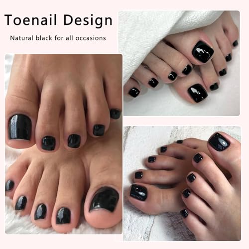 LuckForever Black Press On Toenails Set - Short Square Fake Toe Nails with Glue Tabs