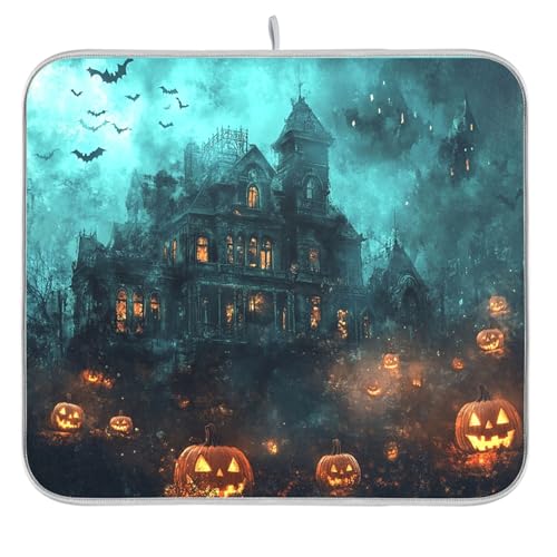 Halloween Castle Dish Drying Mat for Kitchen Countertop 16x18 - Witch Castle Variation