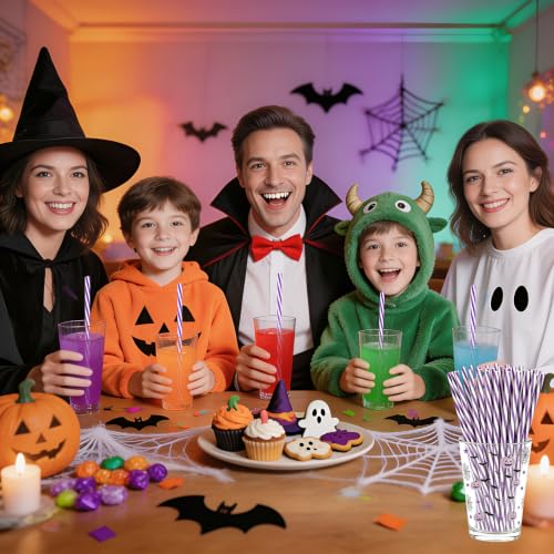Reusable Halloween Straws Set - 50 Purple & White Striped Plastic Drink Stirrers