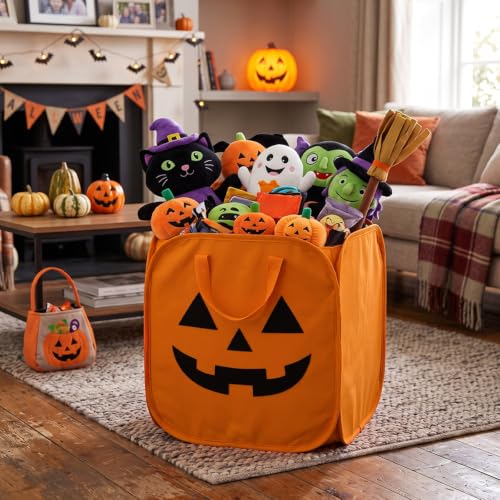 Halloween Pumpkin Candy Buckets Set - Foldable 25 Gallon Trick-or-Treat Baskets