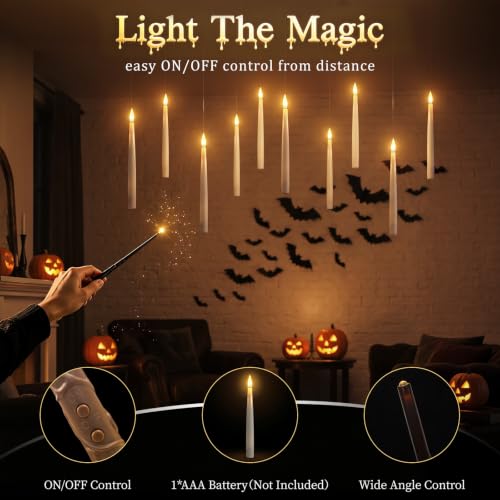 Halloween Floating Candles with Wand Set - 20 Flickering LED Hanging Candles