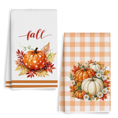 Autumn Pumpkin Leaves Fall Kitchen Towels Set of 2 - Fall Decor & Gifts