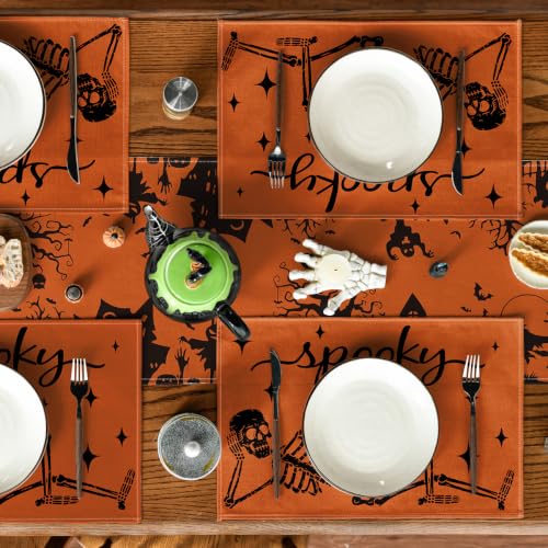 Orange Skeleton Halloween Placemats Set of 4 - 12 x 18 Inch Rectangular Table Decor
