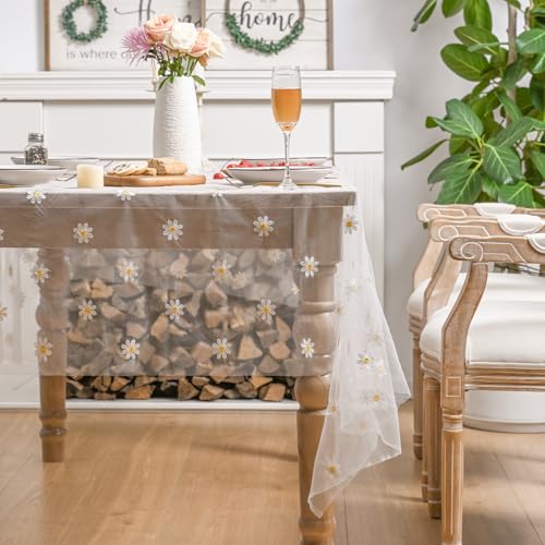 White Embroidery Daisy Tablecloth 60x120 Inch Rectangular - Durable Polyester