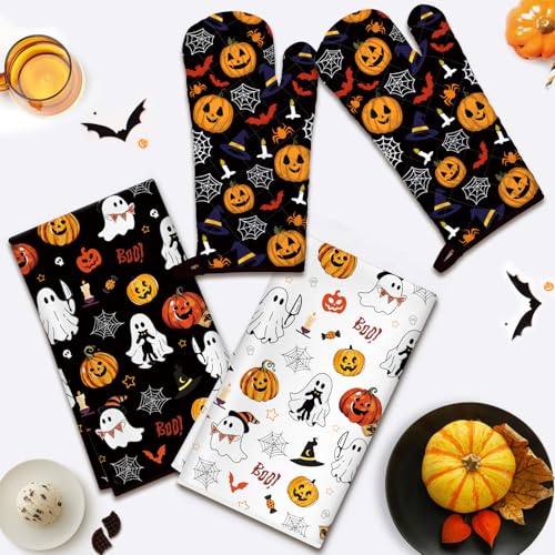 Halloween Pumpkin Kitchen Towels and Oven Mitts Set - 4pcs, Fall Themed Kitchen Accessories