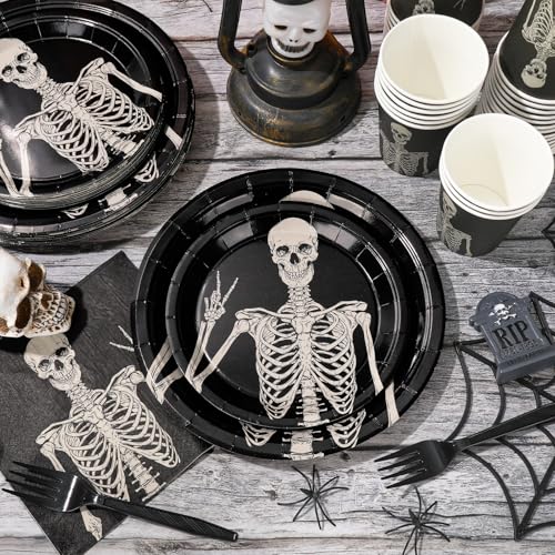 Halloween Skeleton Disposable Tableware Set for 25 Guests - Plates, Cups, Napkins, Cutlery