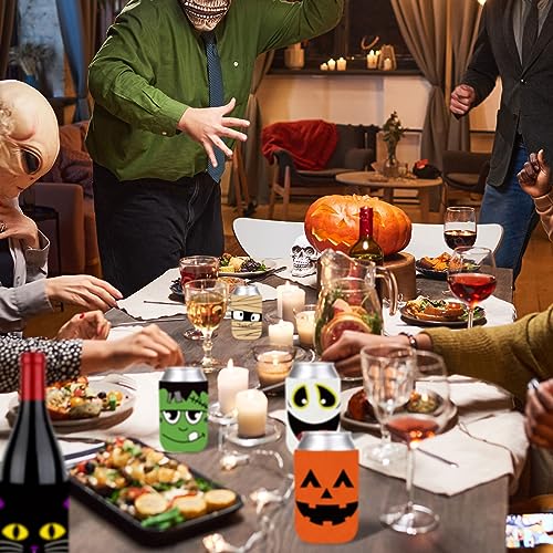 Halloween Can Sleeves Set with Cute Pumpkin Bat Ghost Cat Designs - Reusable Insulated Beverage Covers