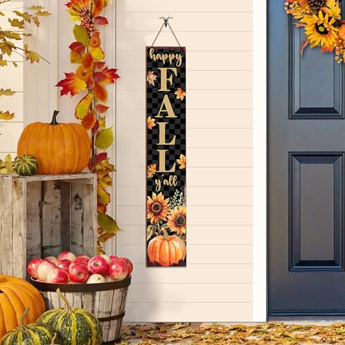 Happy Fall Y'all Porch Sign Black Checkered Sunflower Pumpkin - Indoor Outdoor Farmhouse Decor