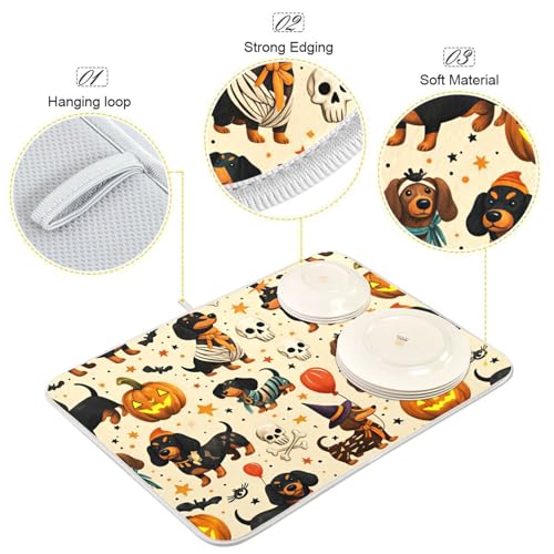 Halloween Dachshund Puppy Dog Pumpkin Dish Drying Mat - Multi 15/18 Inch